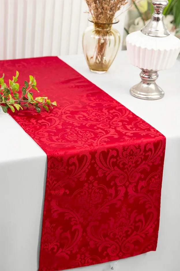 12"x108" Floral Damask Jacquard Polyester (220 GSM) Table Runner - Apple Red (1pc)