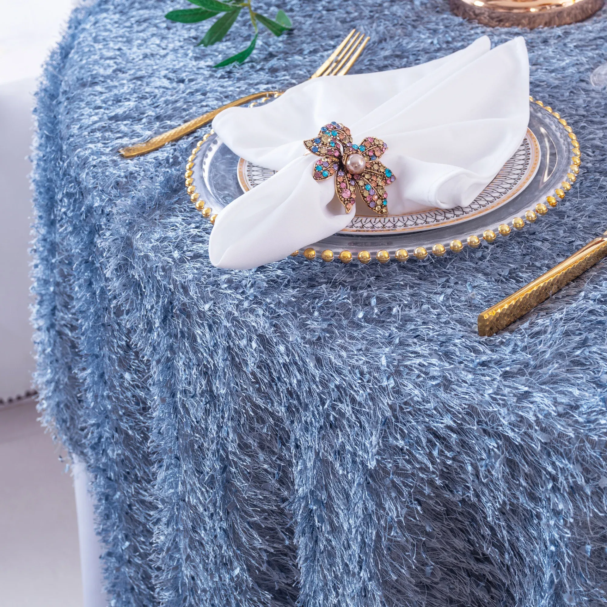108″ Round Shaggy Plush Fringe (200 GSM) Tablecloth – Dusty Blue (1pc)
