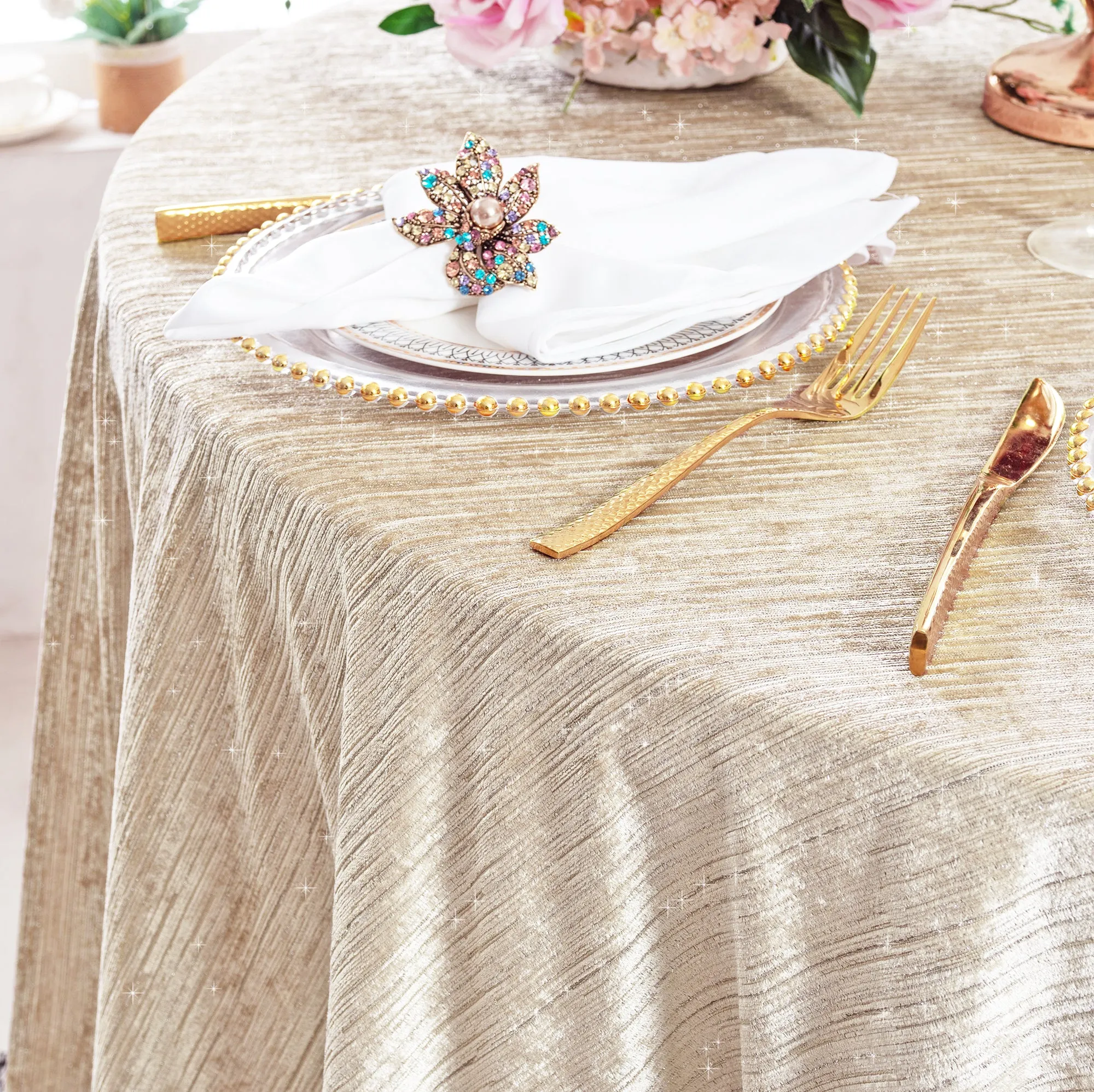 Sample 20″x20″ Chenille Shimmer Metallic Jacquard Velvet Napkins – Champagne (1pc)