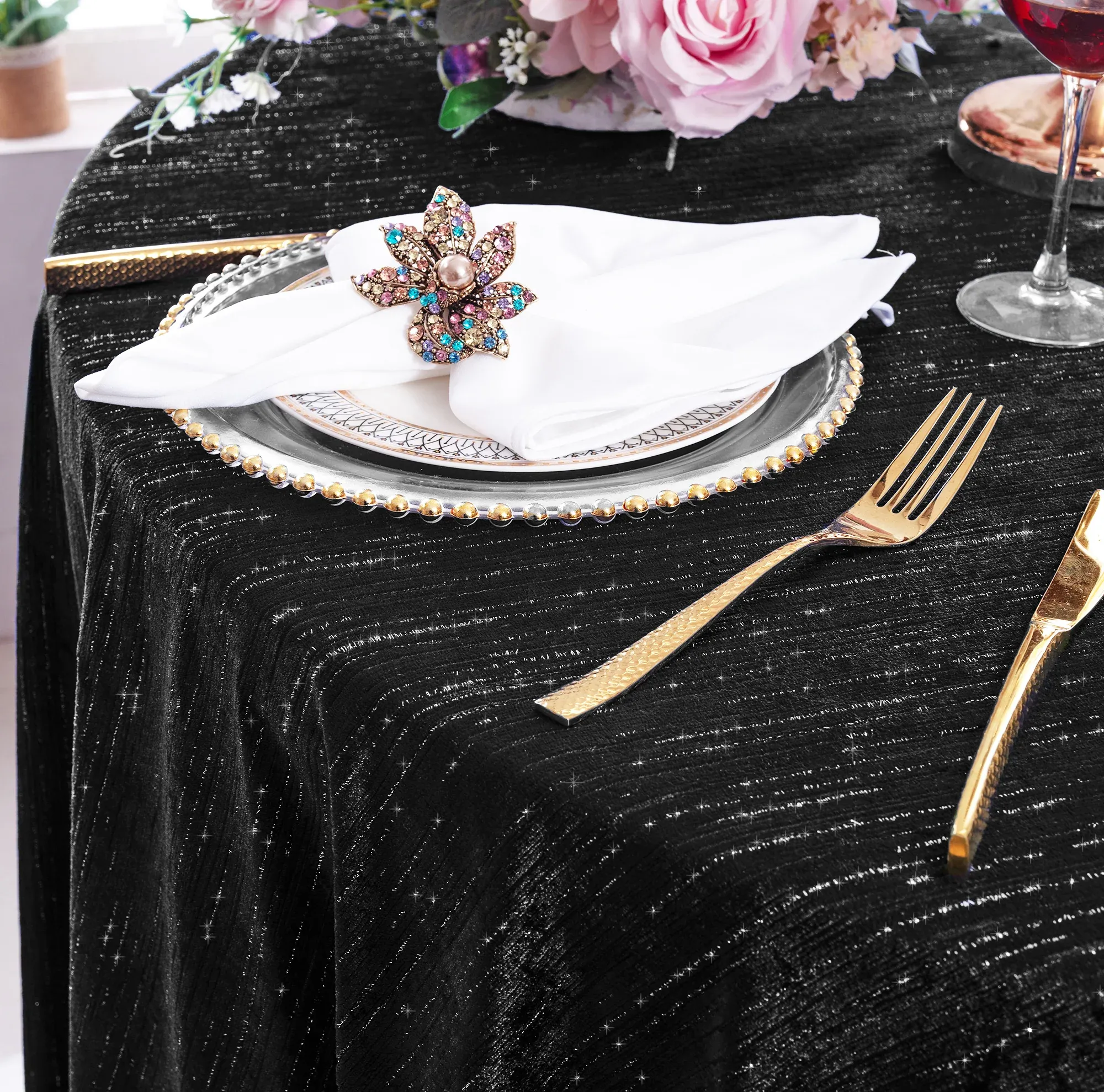 90"x132" Seamless Rectangular Chenille Shimmer Metallic Jacquard Velvet Tablecloth - Black (1pc) - Image 2