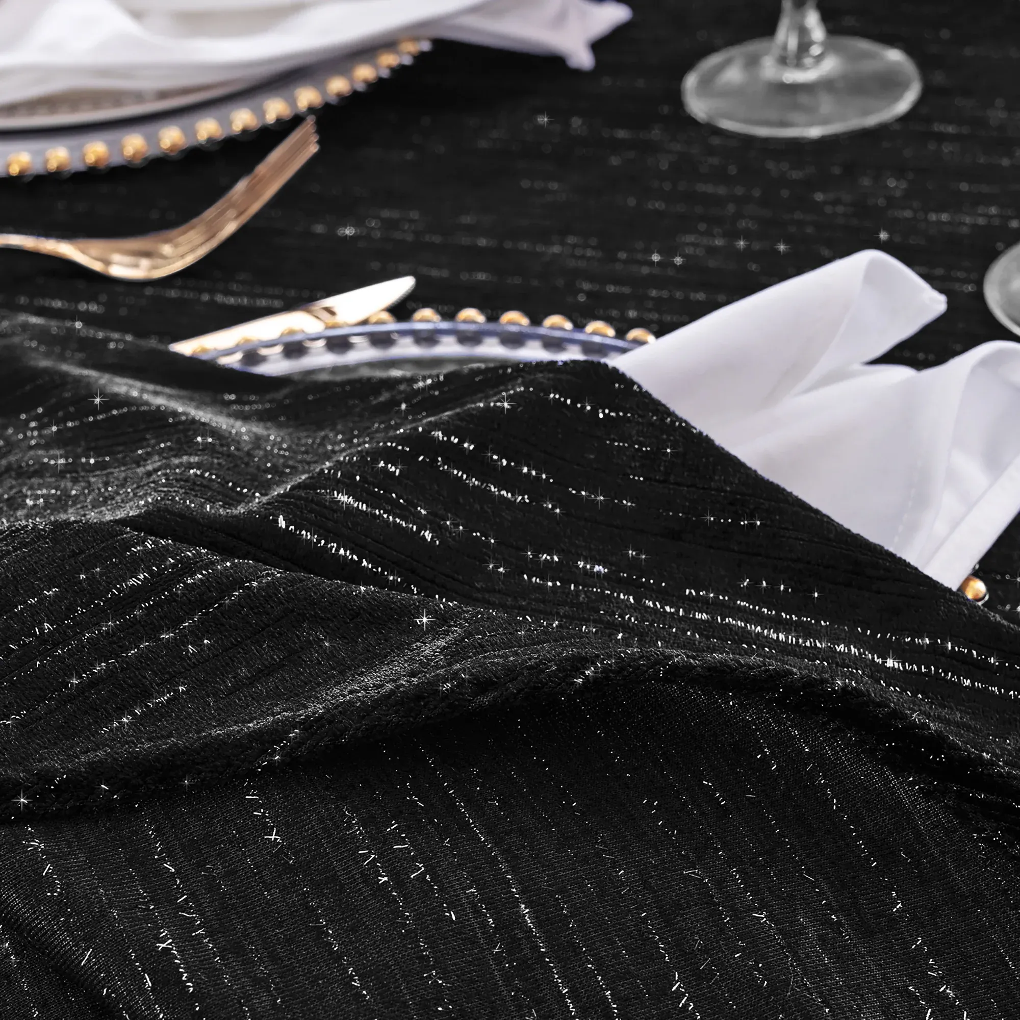 90"x132" Seamless Rectangular Chenille Shimmer Metallic Jacquard Velvet Tablecloth - Black (1pc) - Image 3