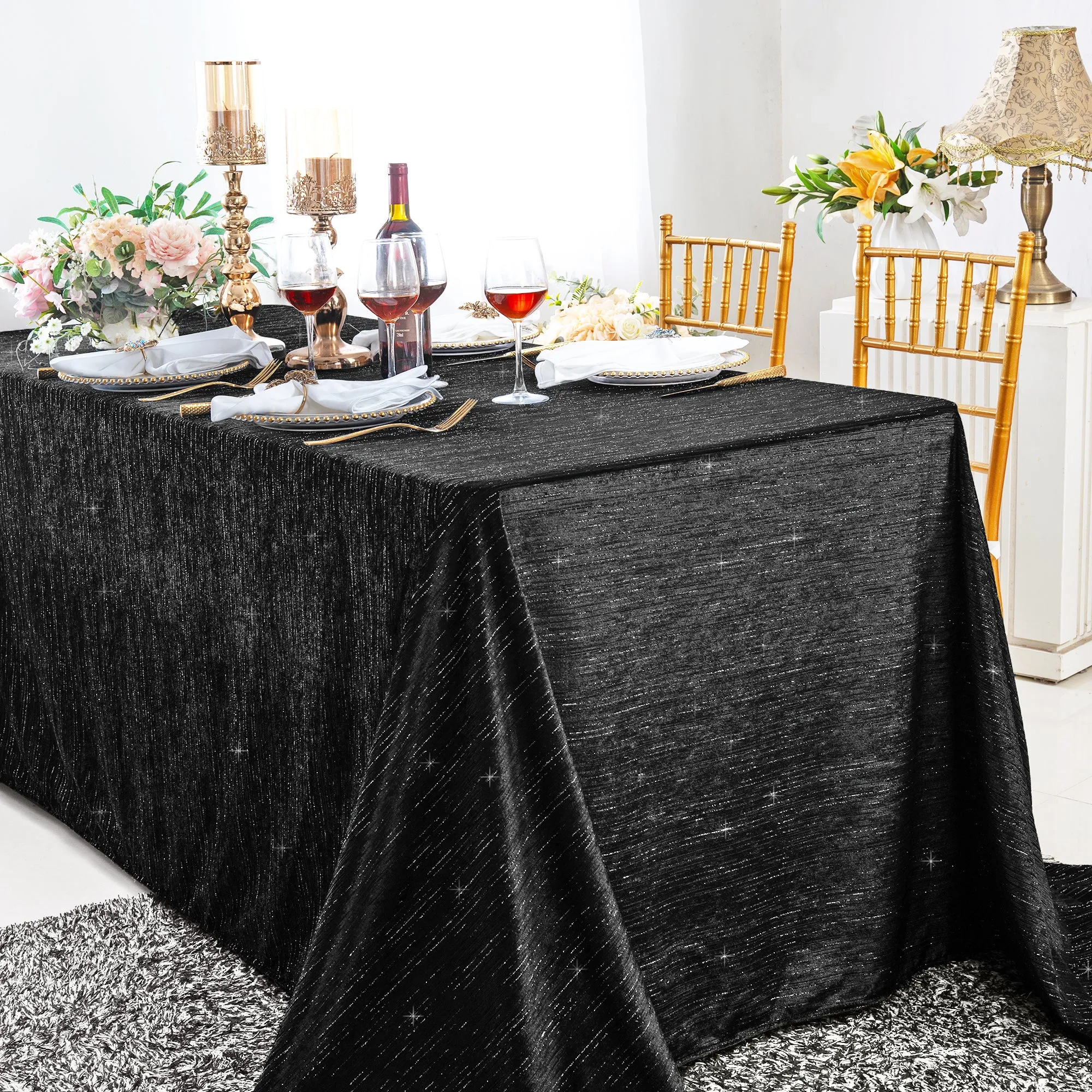90"x132" Seamless Rectangular Chenille Shimmer Metallic Jacquard Velvet Tablecloth - Black (1pc) - Image 5