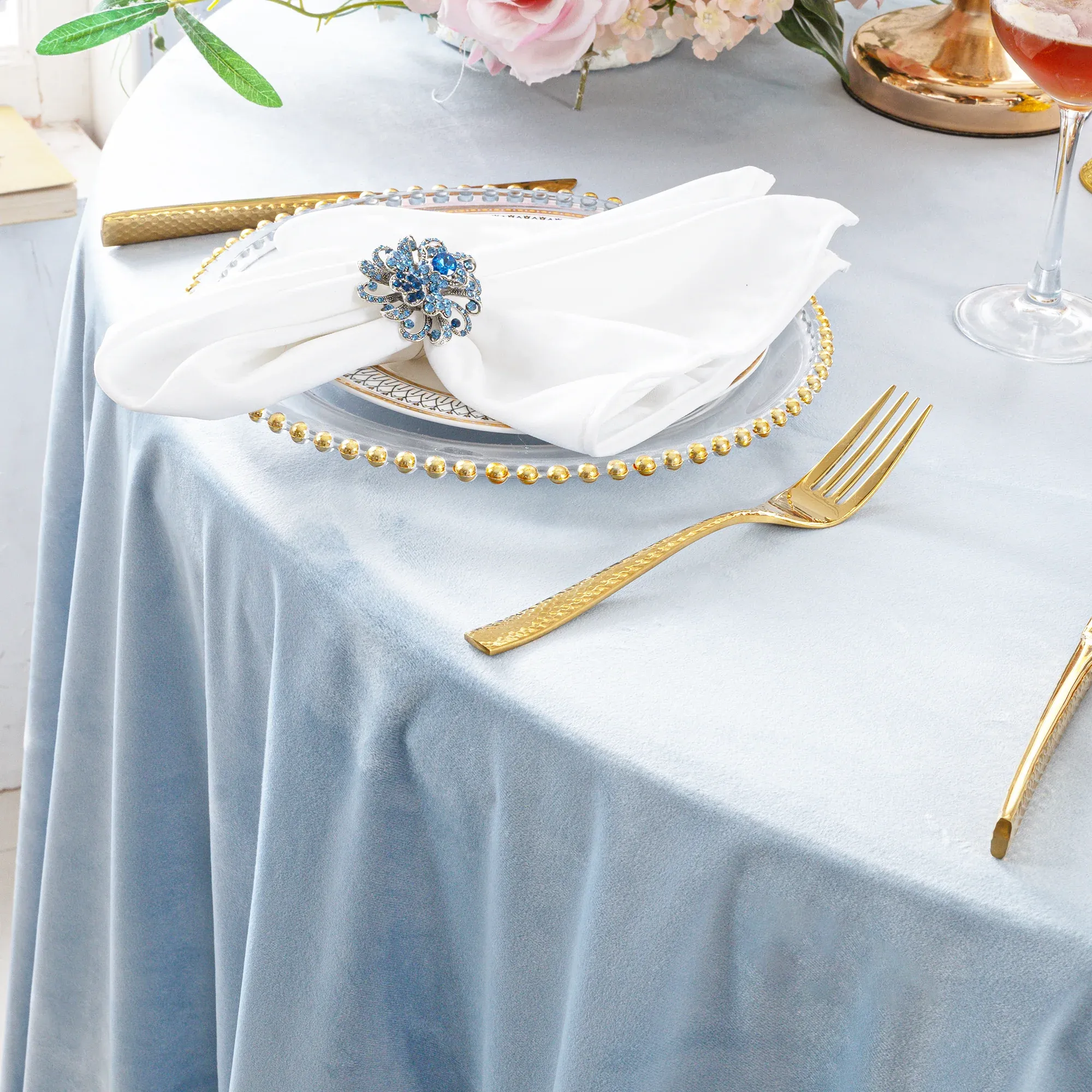 132" Round Holland Velvet Tablecloth - Dusty Blue (1pc) - Image 3