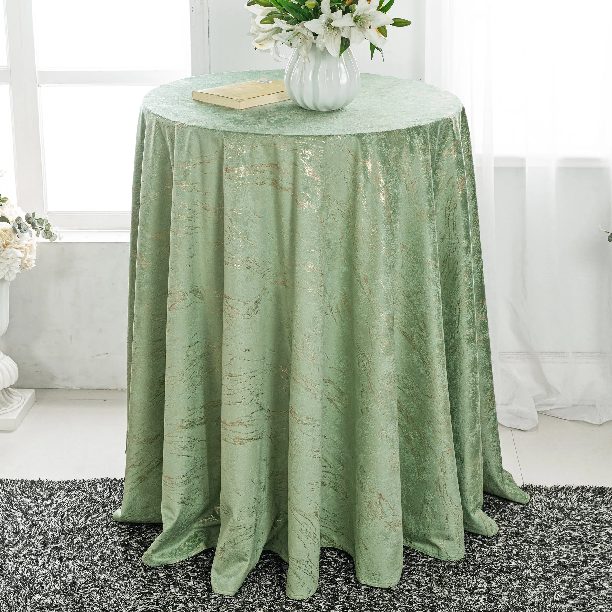 132" Round Gilded Marble Holland Velvet Tablecloth - Sage Green (1pc) - Image 2