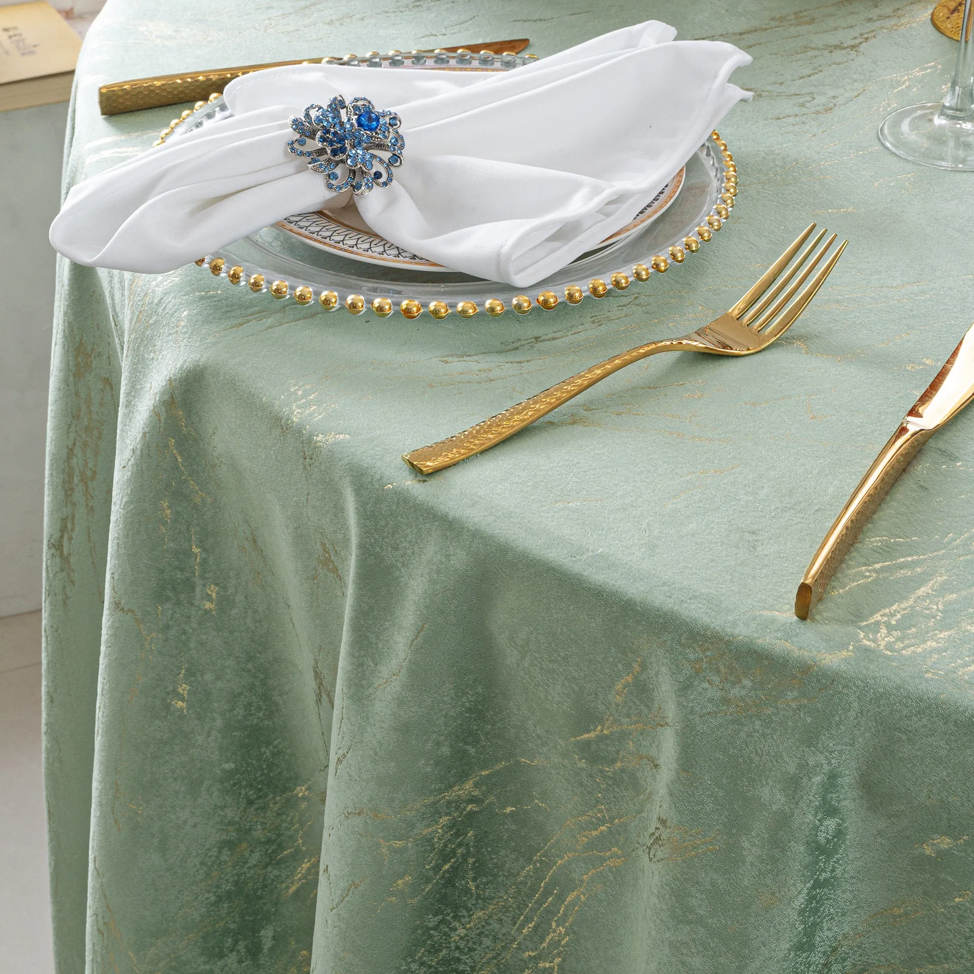132" Round Gilded Marble Holland Velvet Tablecloth - Sage Green (1pc) - Image 3