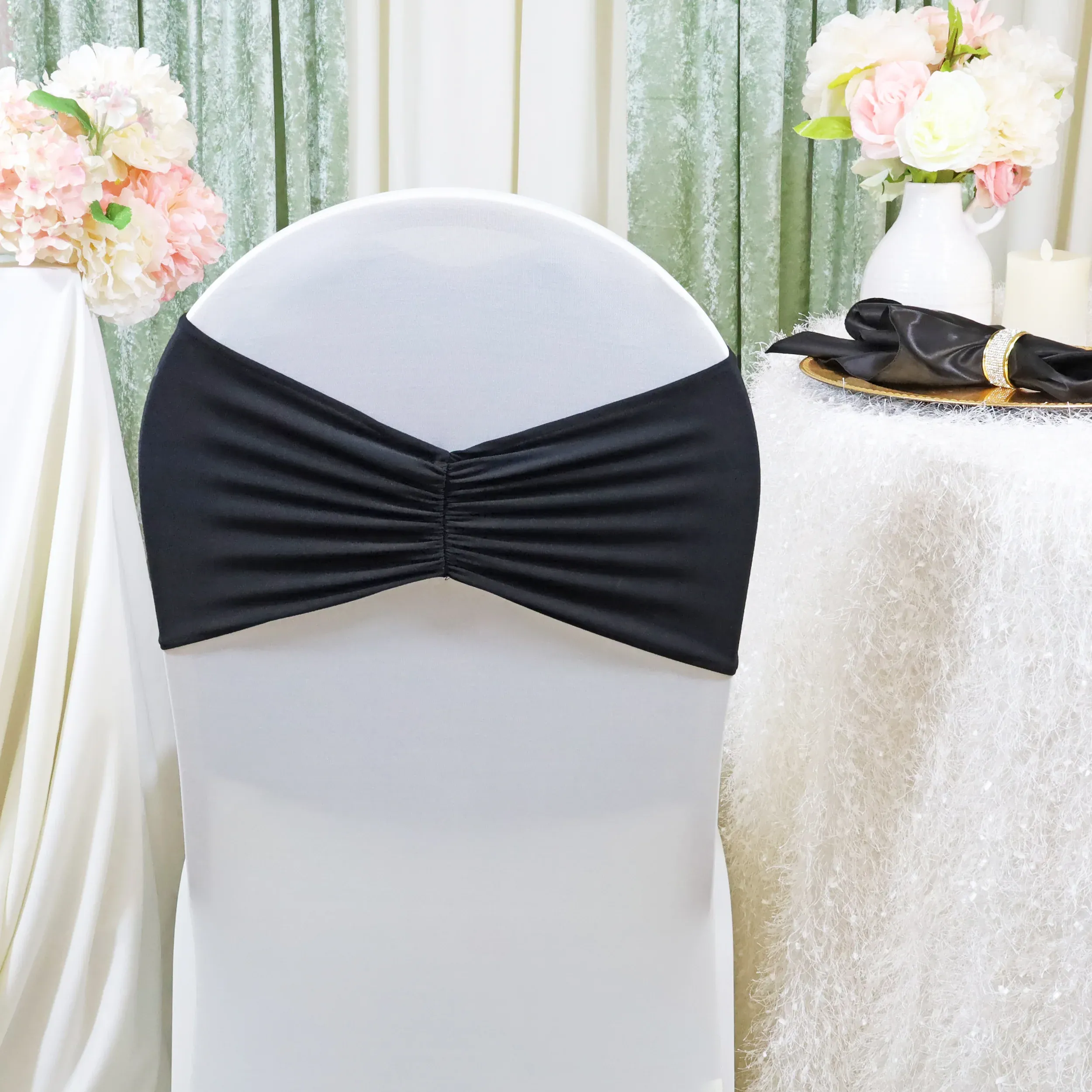8"x13" Ruffled Spandex (220 GSM) Chair Bands - Black (10pcs/pk)