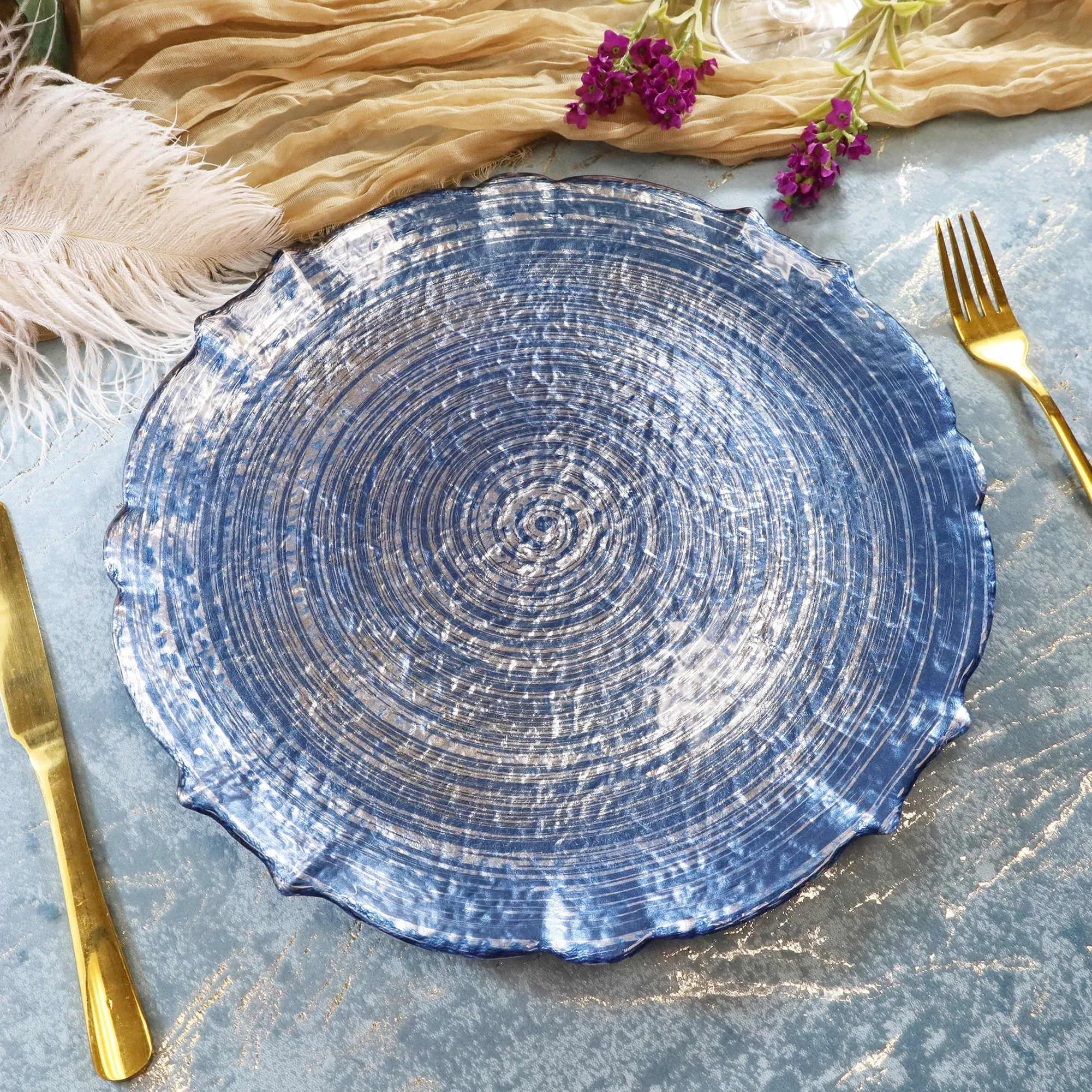 13″ Dusty Blue Pearl Crest Glass Charger Plates (8pcs)