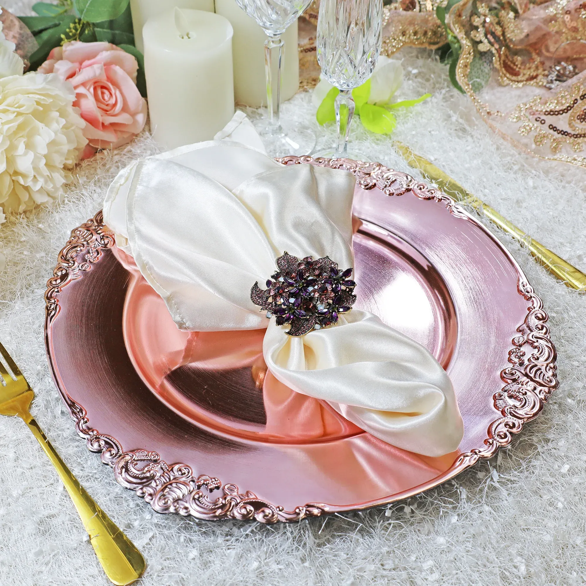 13″ Rose Pink Embossed Baroque Acrylic Charger Plates (6pcs)