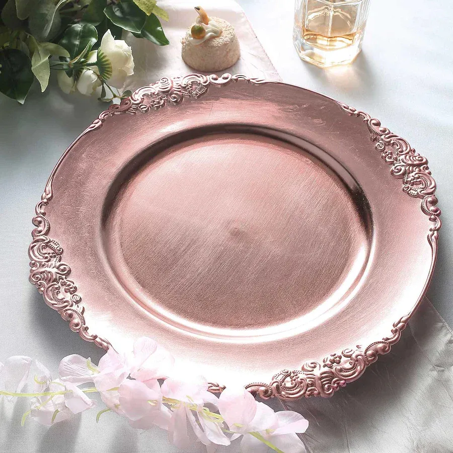 13" Rose Pink Embossed Baroque Acrylic Charger Plates (6pcs) - Image 4