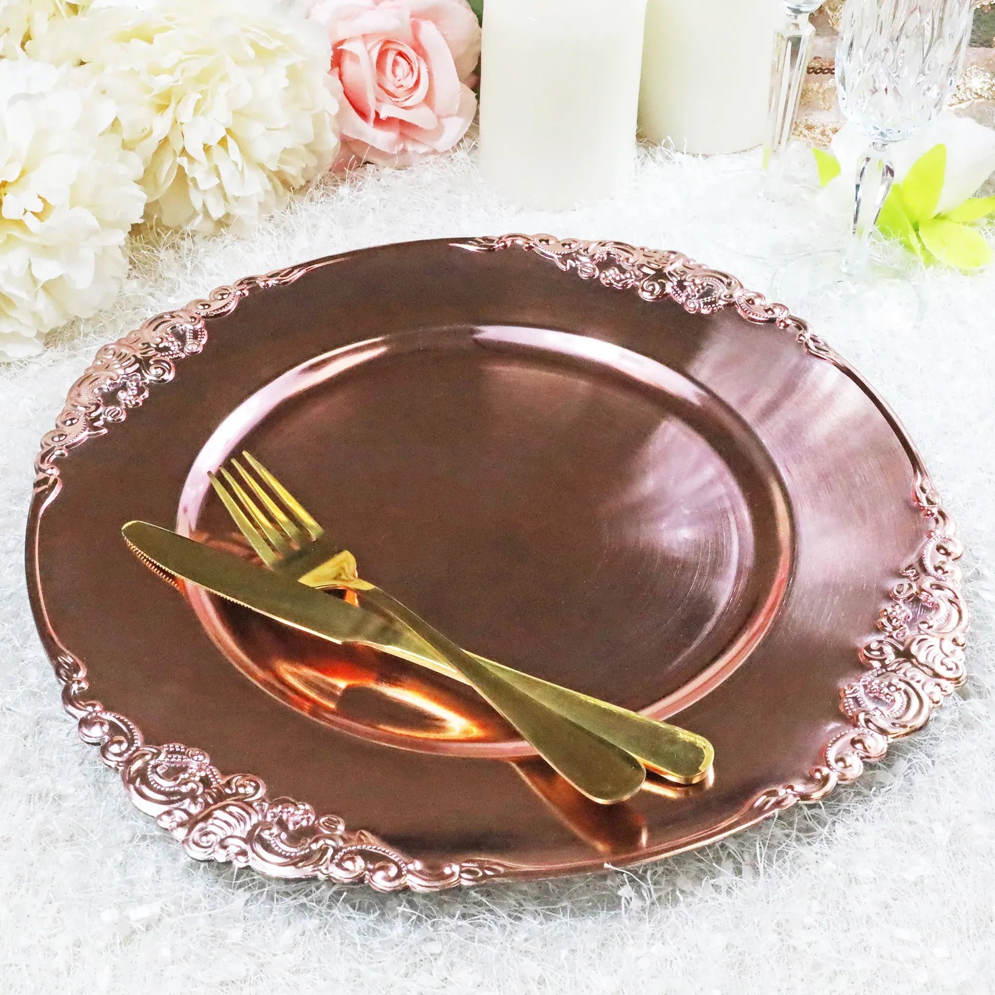 13" Rose Pink Embossed Baroque Acrylic Charger Plates (6pcs)