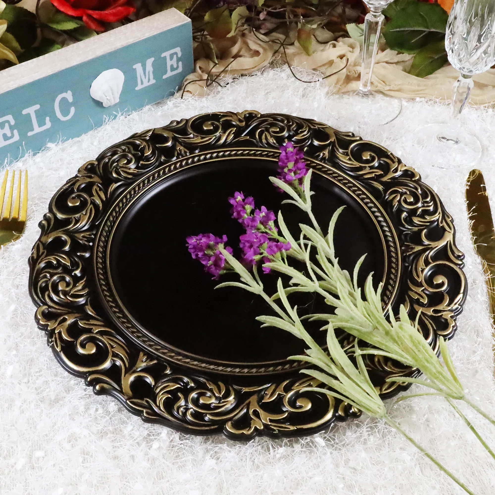 13″ Antique Black Vintage Acrylic Charger Plates (6pcs)