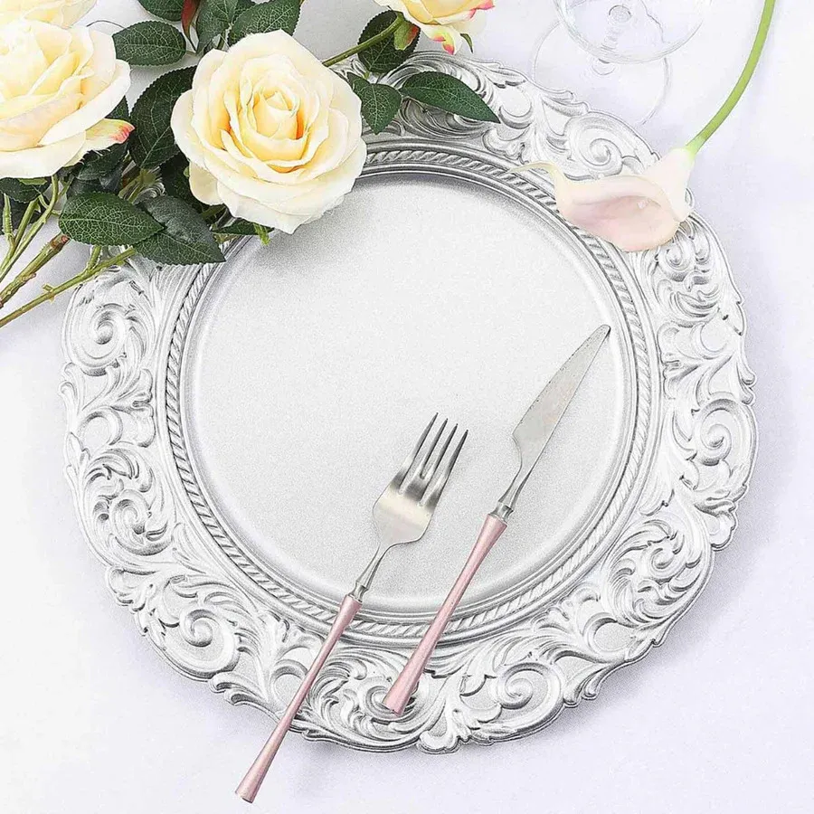 13″ Silver Vintage Acrylic Charger Plates (6pcs)
